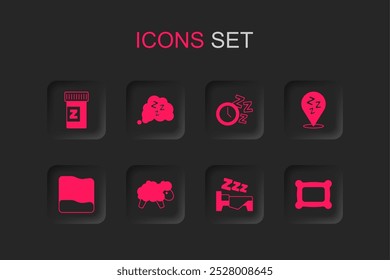 Set Sheep, Sleepy, Sleeping pill, Time to sleep, Pillow, Alarm clock and  icon. Vector