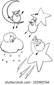 set of sheep in space, contour vector paints for coloring book