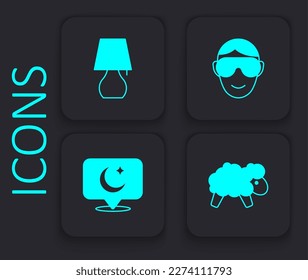 Set Sheep, Table lamp, Eye sleep mask and Moon and stars icon. Black square button. Vector