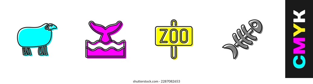 Set Sheep, Whale tail in ocean wave, Zoo park and Fish skeleton icon. Vector