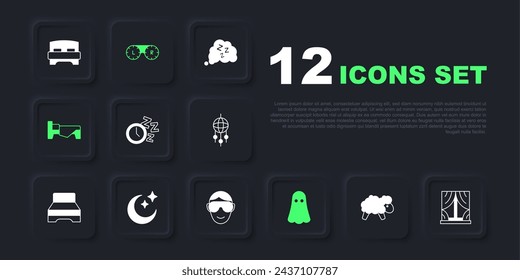 Set Sheep, Window with curtains, Alarm clock, Ghost, Bed, Moon and stars, Contact lens container and Eye sleep mask icon. Vector