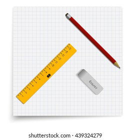 Set of sheet in cell, an eraser, a pencil and a ruler. Student supplies lying on the sheet of paper. Top view illustration.