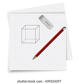 Set of sheet in cell, an eraser and a pencil. Geometrical figure drawn on paper. Student supplies image. Top view illustration.
