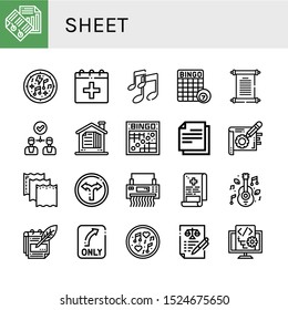 Set of sheet icons. Such as Paper, Musical notes, Date, Music, Bingo, Papyrus, Agreement, Contract, Note, Turn, Shredder, Medical report, Notes, Script , sheet icons