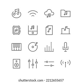 Set of sheet music and sound icons, volume, cd, music, piano, mixer, player, speaker, microphone and linear variety vectors.

