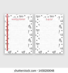 Set of sheet of paper in a4 format with weekly planner and list for notes templates decorated. Printable pages for diary or reminder for task organization, Vector illustration in EPS 10 format