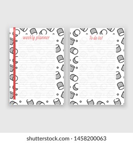 Set of sheet of paper in a4 format with weekly planner and list for notes templates decorated. Printable pages for diary or reminder for task organization, Vector illustration in EPS 10 format