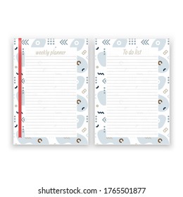 Set of sheet of paper in a4 format with weekly planner and list for notes templates decorated. Printable pages for diary or reminder for task organization, Vector illustration in EPS 10 format