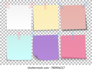 Set of sheets of color notes paper with adhesive tape on a transparent background. Vector illustration