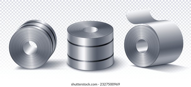 Set of sheets metal roll. Equipment of repairman, builder on copy space. Stainless manufacturing and factory production. Realistic isometric vector collection isolated on transparent background