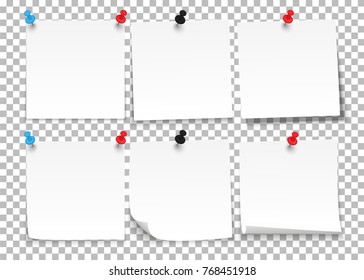 Set of sheets of notes paper with push pins on a transparent background. Vector illustration