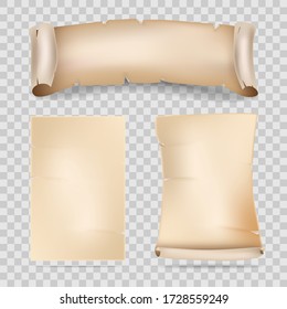 A set of sheets of old paper with bent and torn edges. Vector illustration isolated on a transparent background in a realistic style.