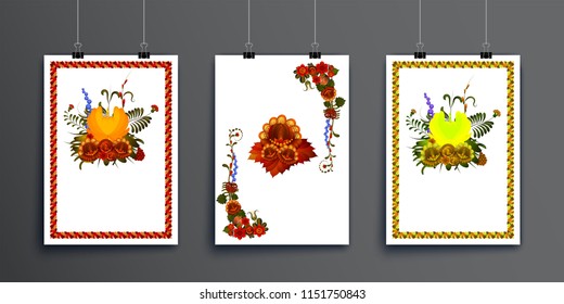 Set of sheets of paper with binders on a white background with floral design elements. Vector illustration of a greeting card or invitation card