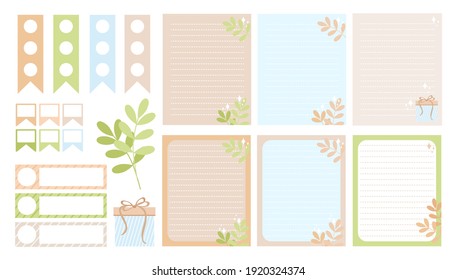 Set sheets of paper and bookmarks for a diary on environmental topics, plants, branches, gift, sparkles. Vector, pastel colors, scalable to any size. For stickers, notebooks, albums, covers, etc.