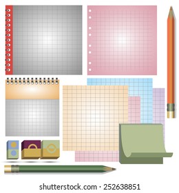 a set of sheets of paper of different colors in the cell, torn from a notebook and the notebook, colored pencils and erasers