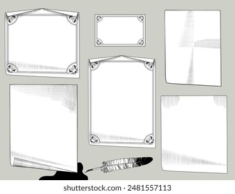 A set of sheets of paper and a feather pen drawn in the style of black and white vintage engraving. Isolated templates and blanks for retro posters and 
banners. Vector illustration