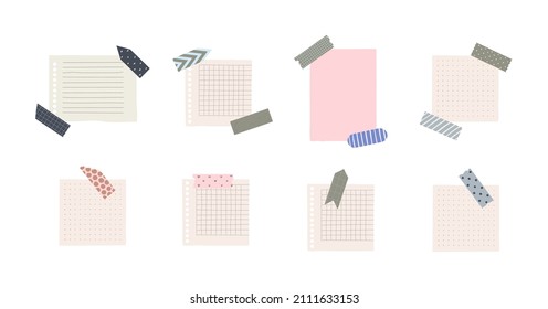 Set Of Sheets Of Paper With Pieces Of Washi Tape. Collection Of Cute Crafty Background. Vector Isolated On White.