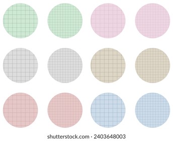 Set of sheets of paper. Round paper scraps. Cut paper from a notebook in a cell. Torn pieces of paper. School notebook. Colorful, vintage, classic