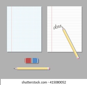 Set of sheets of paper for school or office with pencil and gum. Background, lettering, school or office work. Vector illustration.