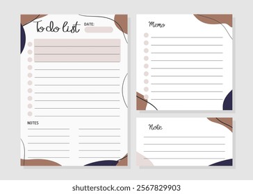 Set of sheets with pattern in trendy color of the 2025 mocha mousse. To do list, note, memo. Vector illustration for agenda, planners, notebooks, cards and other stationery.