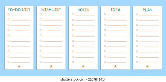 a set of sheets for planning things, notes, ideas, plans, Wishlist. bright captions. design template for notepad, notebook, flyer, loose leaf. vector illustration