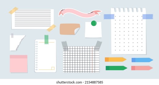 A set of sheets for records of different formats are glued on sticky tape. Reminder sheets or quick notes. Flat vector illustration. eps10