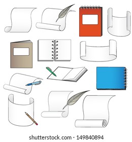 set of sheets, rolls, paper, books and notebooks to insert your text