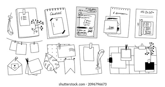 A set of sheets of scribbled paper torn from notebooks. Different types of doodle memos, notes, reminders. Wall photo grid with plants, flowers. Hand-drawn envelope with letters, photos, and stickers.