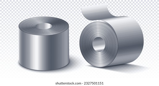 Set of sheets steel roll. Equipment for cooking or rennovation on copy space. Template, layout and mock up. Realistic isometric vector collection isolated on transparent background