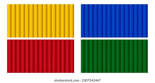 A set of sheets of yellow, blue, red and green corrugated board. Galvanized iron for fences, walls, roofs. Realistic isolated vector illustration.