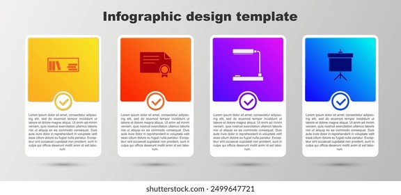 Set Shelf with books, Certificate template, Table lamp and Chalkboard diagram. Business infographic template. Vector