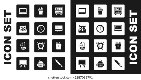 Set Shelf with books, Clock, School building, Laptop, Computer monitor, Pencil case stationery, backpack and Table lamp icon. Vector