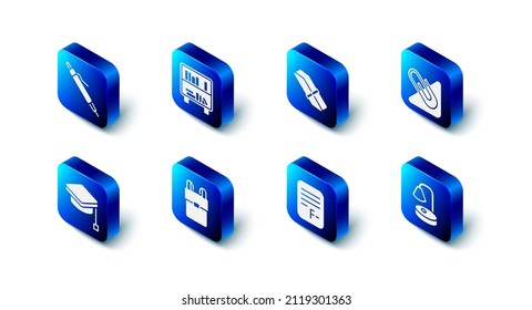 Set Shelf with books, Eraser or rubber, Paper clip, Table lamp, Exam paper incorrect answers, School backpack, Graduation cap and Pen icon. Vector