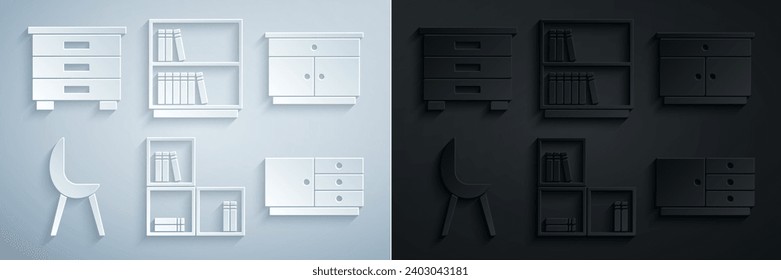 Set Shelf con libros, puesto de noche de mobiliario, sillón, cómoda, biblioteca y un icono. Vector