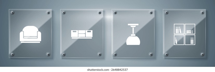 Set Shelf with books, Lamp hanging, Furniture nightstand and Armchair. Square glass panels. Vector