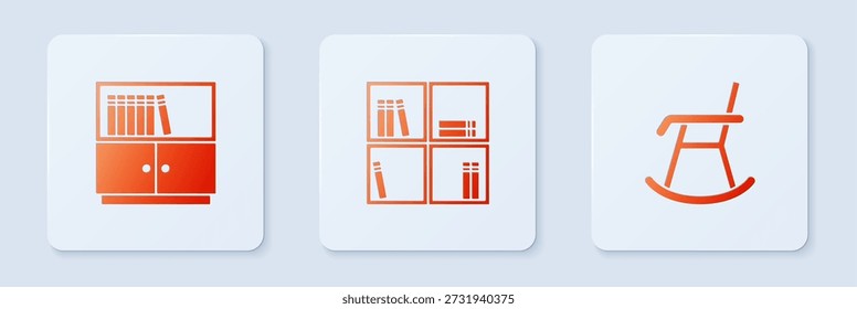 Set Shelf com livros, biblioteca e poltrona. Botão quadrado branco. Vetor