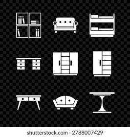 Set Shelf with books, Sofa, Bunk bed, Office desk, Round table,  and Wardrobe icon. Vector
