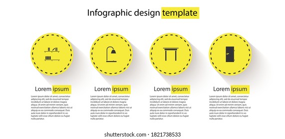 Shelf mit Büchern, Tischlampe, hölzerner Tisch und geschlossener Tür. Infografik-Vorlage für Unternehmen. Vektorgrafik.