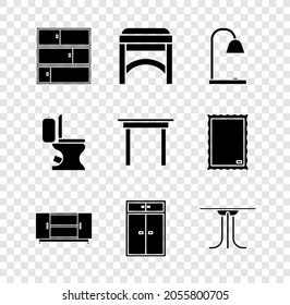 Set Shelf, Chair, Table lamp, stand de mesa de TV, Wardrobe, Round, Toilet bowl e icono de madera. Vector