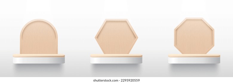 Set of shelf to show product with beige hexagon, octagon and square background. White minimal scene for product display presentation