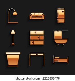 Set Shelf, Wooden table, Bed, Bathtub with shower curtain, Flower pot, Floor lamp, Refrigerator and Table icon. Vector