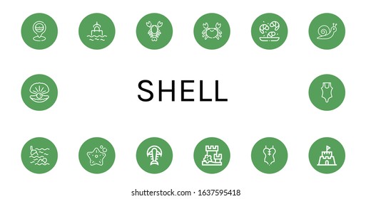 Set of shell icons. Such as Sea, Lobster, Crab, Shrimp, Snail, Starfish, Fossil, Sand castle, Swimsuit, Oyster , shell icons