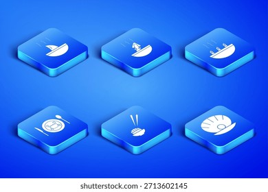 Set Shell with pearl, Shark fin soup, Sushi, Served crab on plate, Soup octopus and shrimps icon. Vector