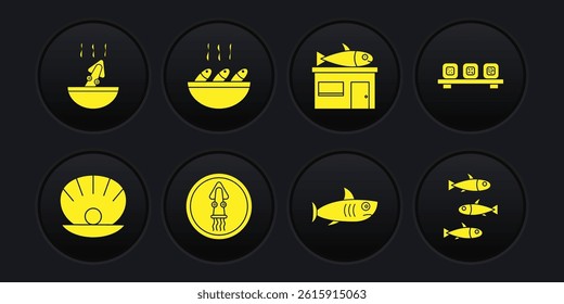 Set Shell with pearl, Sushi on cutting board, Octopus plate, Shark, Seafood store, Fish soup, Fishes and Soup octopus icon. Vector