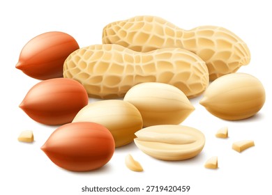 Conjunto de cacahuetes sin cáscara y sin cáscara, aislados sobre fondo blanco. Para envasar con mantequilla de maní, mezcle las nueces. Proteína vegetal para vegetarianos, producto saludable. Vector realista ilustración 3D.