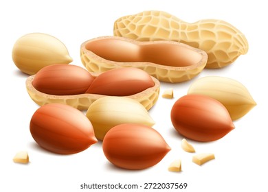 Conjunto de cacahuetes sin cáscara y sin cáscara, aislados sobre fondo blanco. Para envasar con mantequilla de maní, mezcle las nueces. Proteína vegetal para vegetarianos, producto saludable. Vector realista ilustración 3D.