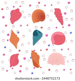 Set of shells with bubbles on a white background