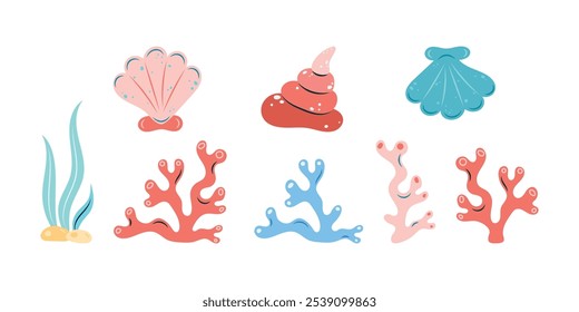 Set of shells and corals. Isolated vector illustration.