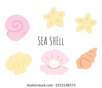 Set of shells and sea stars on white background. Vector illustration beautiful tropical sea and ocean shellfish in cartoon.
