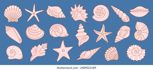 Set of shells and starfish of various shapes, hand drawn. Vector isolated simple icons symbols in solid pink color with outline in flat style. Marine design elements.